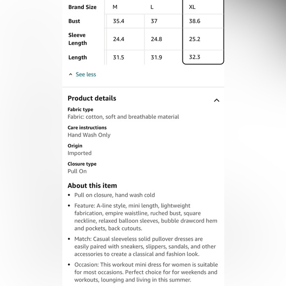 Mini Dress Casual Square Neck Long Sleeves Loose Sundress with Pockets XL - Picture 7 of 7